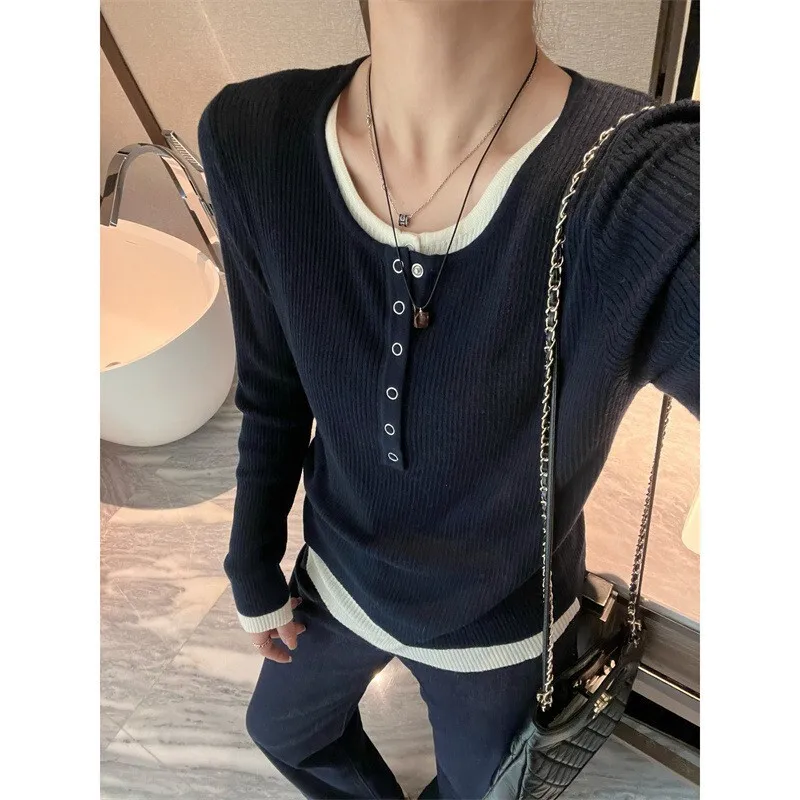 Navy Blue Fake Two Piece Wool Knitted Sweater Women\'s Autumn Korean Style Half Placket Slimming 2 In 1 Pullover