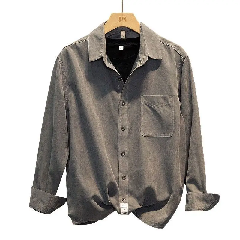Streetwear Long Sleeve Shirt Men's Loose Solid Casual Versatile Blouse Trendy Top