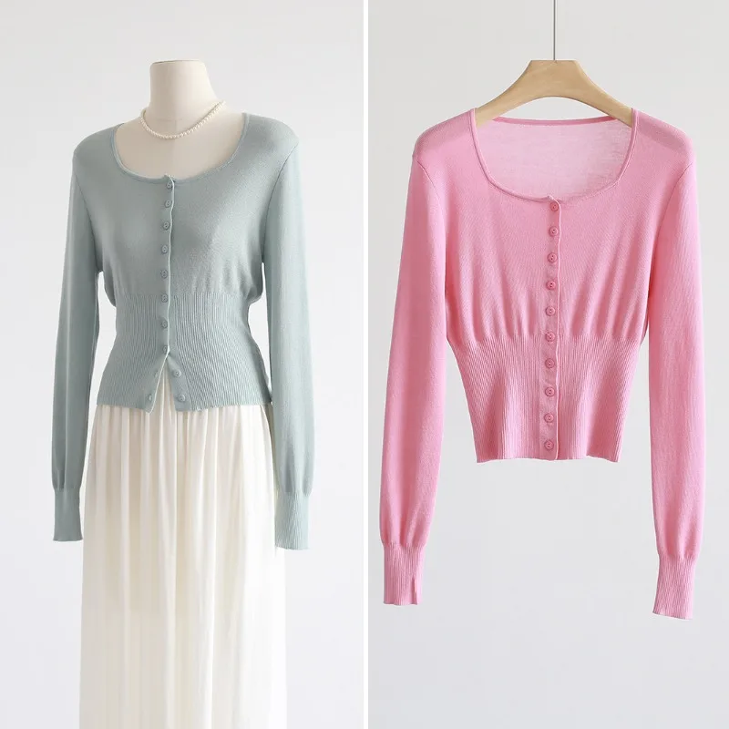 

Women's Clothing Spring Summer Fashionable Retro Long Sleeves Knitwear High Waist Slimming Solid Colour Elegant Commuting Top