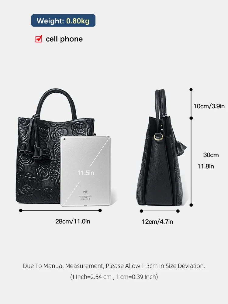 Zency 100% حقيبة يد جلدية حقيقية سعة كبيرة المرأة حقيبة كتف محفظة ريترو الأزهار Crossbody حمل حقيبة تسوق سوداء الشتاء