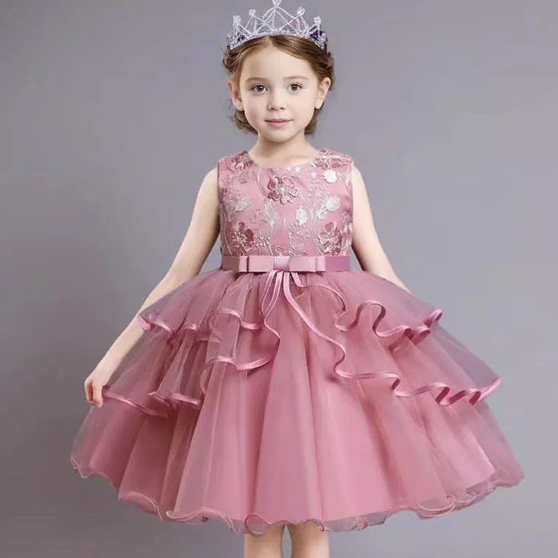 Birthday Party Dresses For Kid\'s 3-7Y Embroidery Floral Wedding Tutu Gown Girls Formal Gala Costume Sleeveless Princess Dress