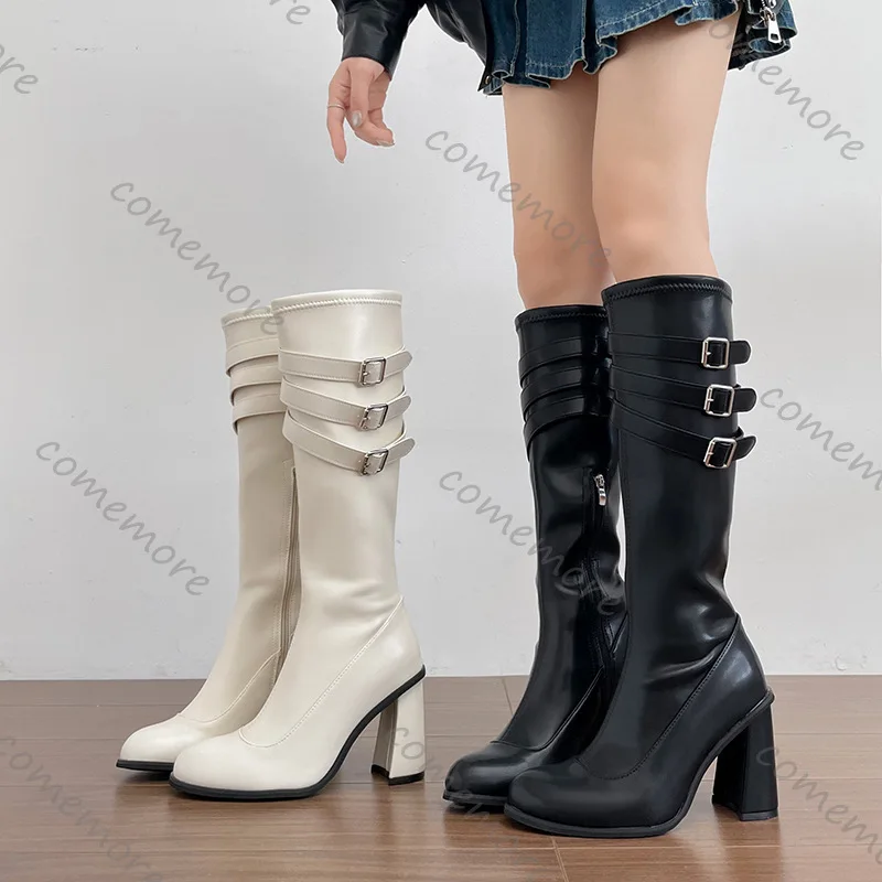 Vintage-style  Belt Buckle Knee High Knight Boots Autumn Winter Height-increasing  Mid-calf Women Booties Ladies Heels Shoes