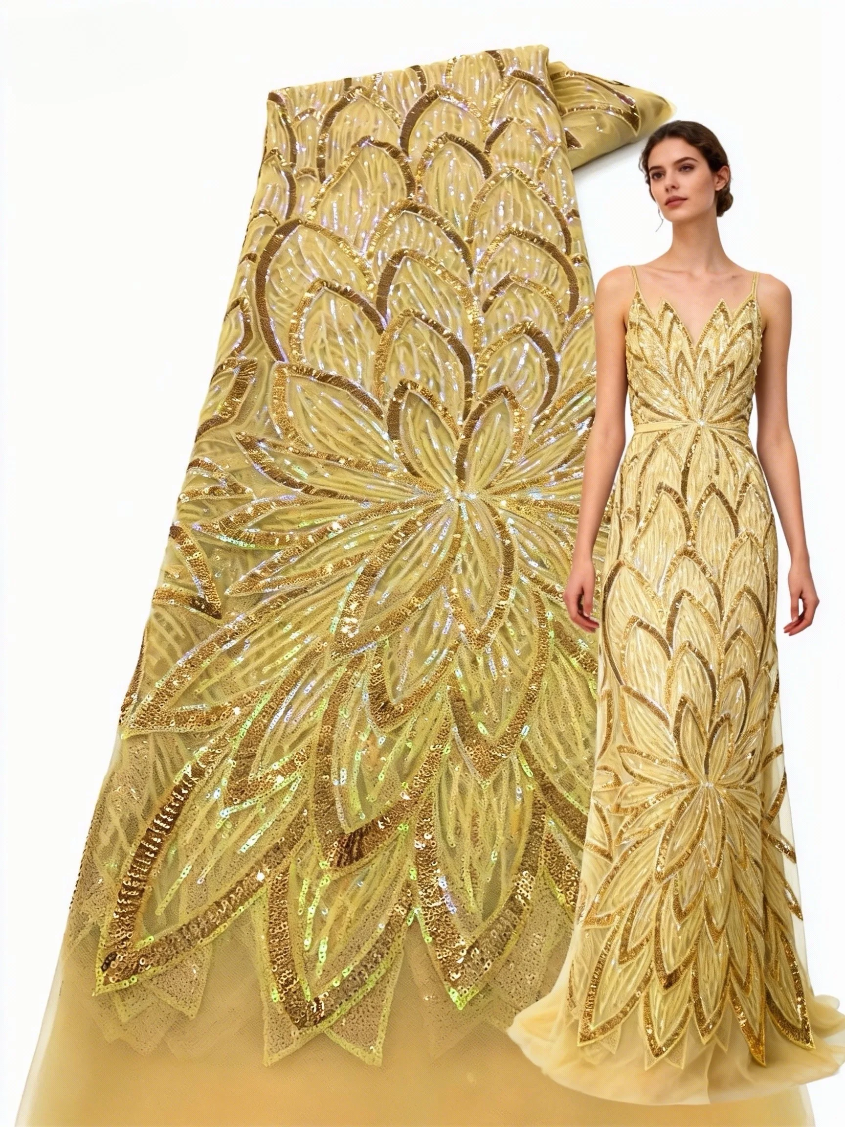 

Золотая французская кружевная ткань с блестками для невесты, 2026, высокое качество, африканская кружевная ткань с блестками, нигерийское сетчатое свадебное платье для шитья женщин