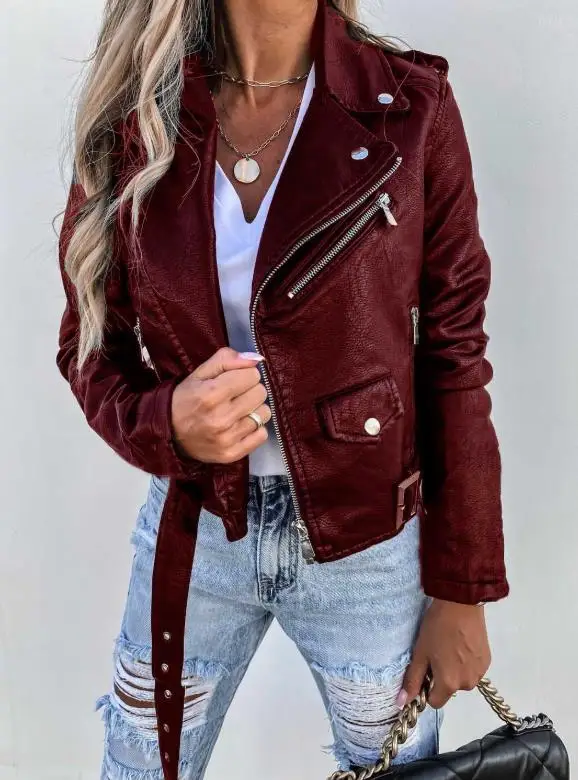 Modische und personalisierte High Street Fan Car Lederjacke, hübsche Slim-Fit-Lederjacke mit kurzem Reißverschluss für Damen im Herbst