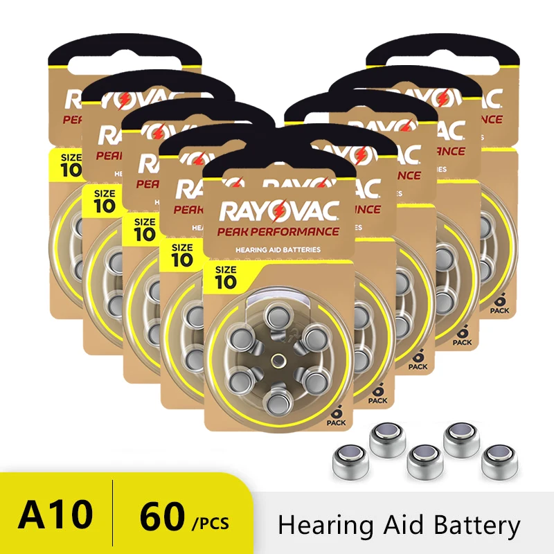 60Pcs Hearing Aid Batteries 10 A10 ZA10 10A P10 PR70 Rayovac Peak High Performance Zinc Air Battery For Mini Digital Hearing Aid