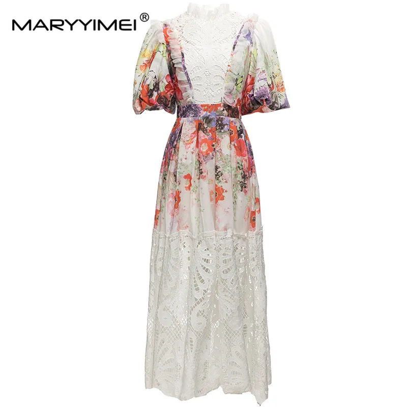 MARYYIMEI New Spring Summer Fashion Elegant dress Puff Sleeve Lace Patchwork Vintage Print Banquet Long Dresses