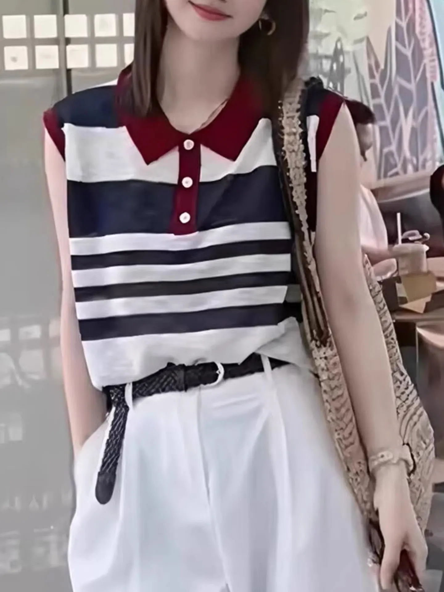 

Ele Ne Striped Svel Knitted Vest f Open Button Hoodie Sle Summer Faion Women's Silk Top