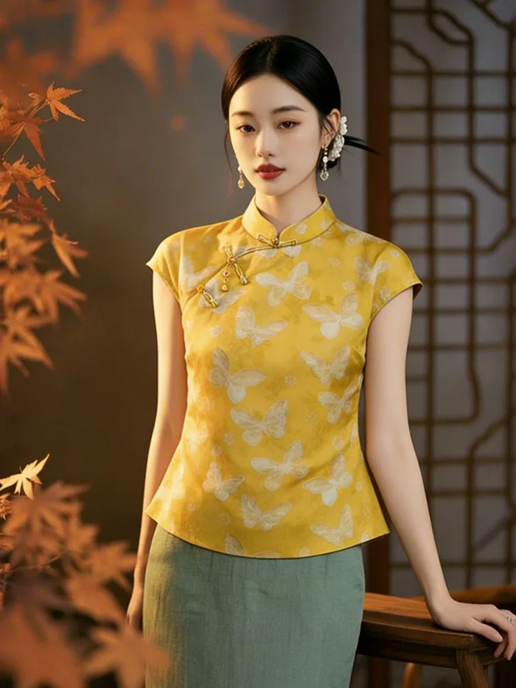 

New 2026 Spring Summer Chinese Style Fashionable Versatile Print Sleeveless Lightweight Stand Collar Button up Top Women's Shirt