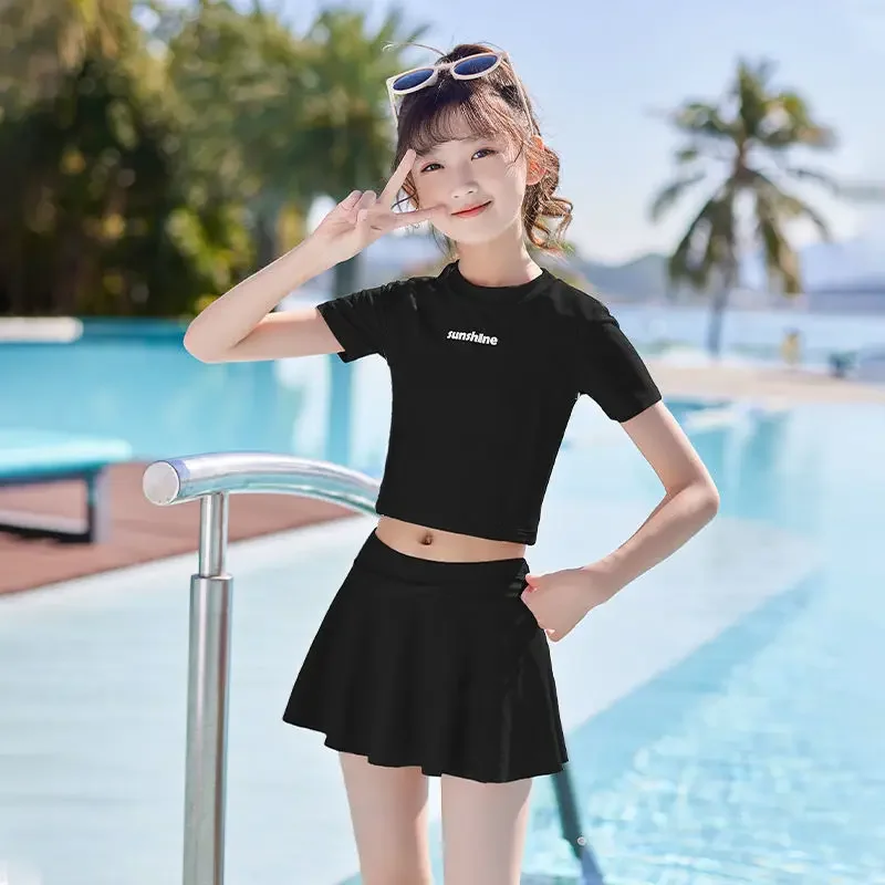 Two Pieces Girls Swimsuit Summer Beach Swimwear Skirt With Underwear Short Sleeve Kids Vacation Clothes For Girl Pink, Black