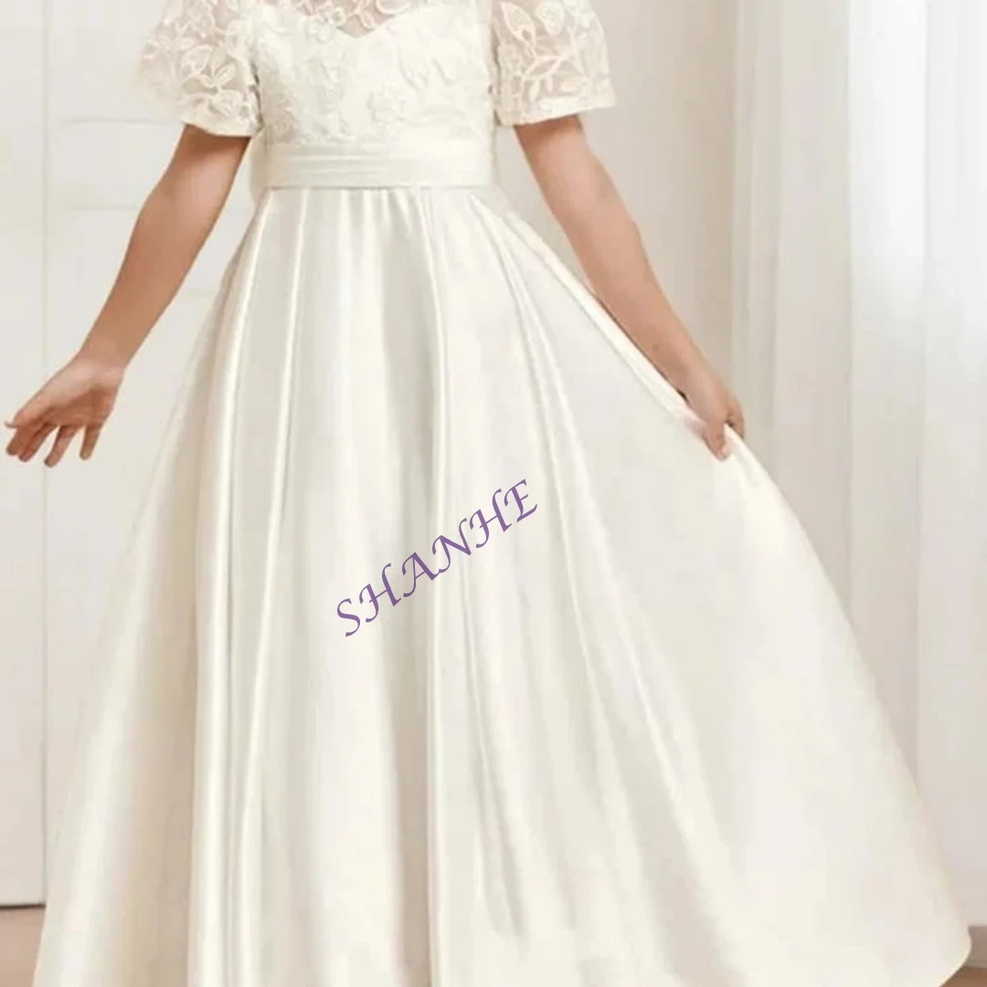 CustomizedCustomized Girls Princess Flower Girl Dress for Wedding 2-14 Kids Ivory Lace Satin First Communion Dress Ankle Length