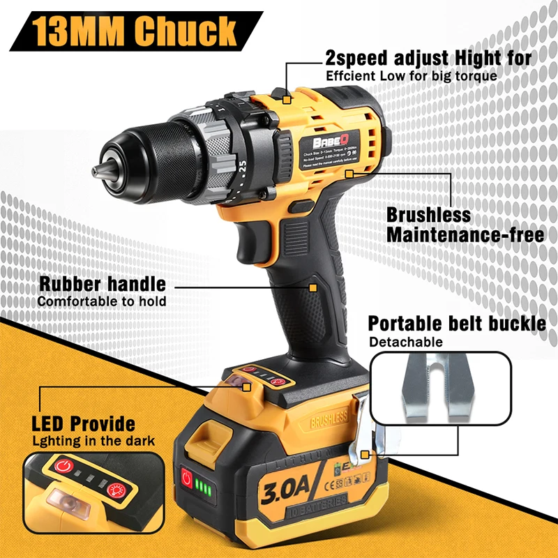 BABEQ 180NM 13MM Brushless Impact Drill for Woodwork Home 3 Functions Cordless Screwdriver Electric Drill for Makita 18V Battery