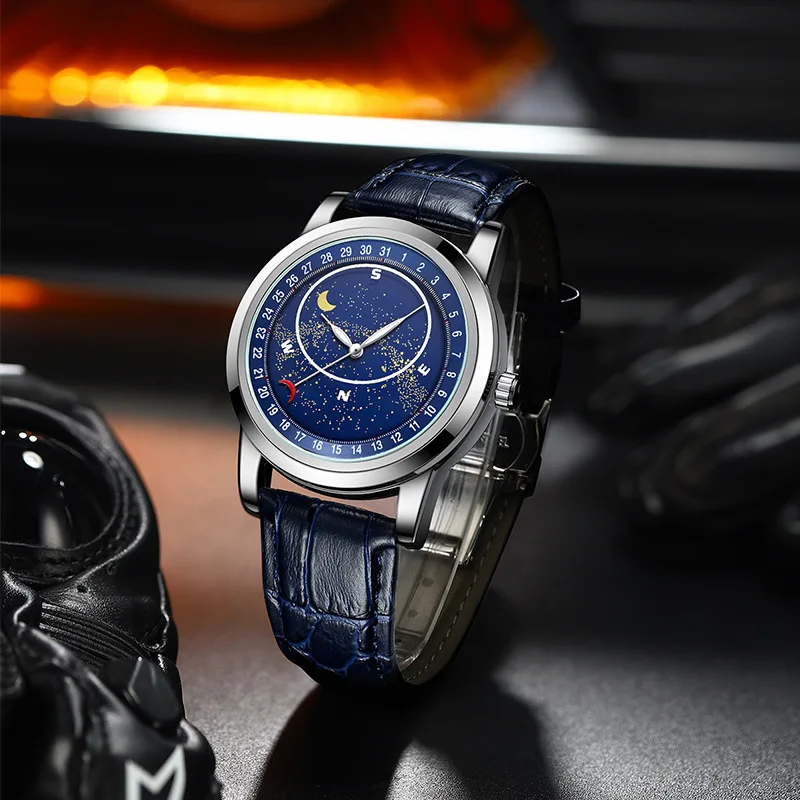 Новые мужские часы, поддельные механические брендовые кварцевые часы, часы со звездным небом, водонепроницаемые мужские часы с прозрачным дном и камнем
