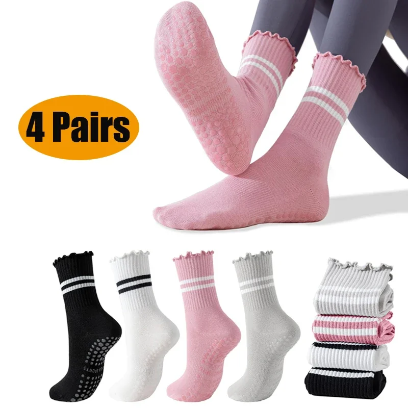 

4 Pairs Pilates Socks with Grips for Women Cute Ruffle Yoga Socks Anti Slip Floor Socks Breathable Double Stripe Middle Socks