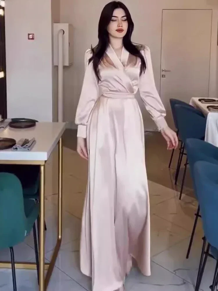 

Eid Women Party Dress Woman Ramadan Satin V Neck Abaya Long Dress Belt Morocco Kaftan Vestidos Largos Dubai Robe Jalabiya 2025