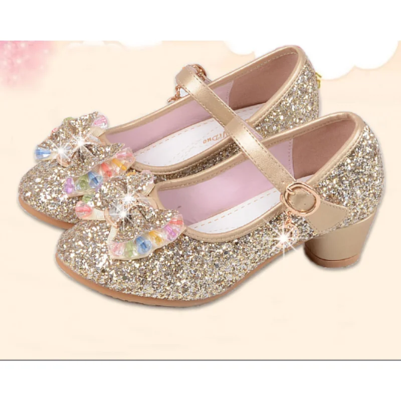 2023 Spring Kids Girls High Heels For Party Sequined Cloth Blue Pink Shoes Ankle Strap Snow Queen Children Girls Pumps Shoes