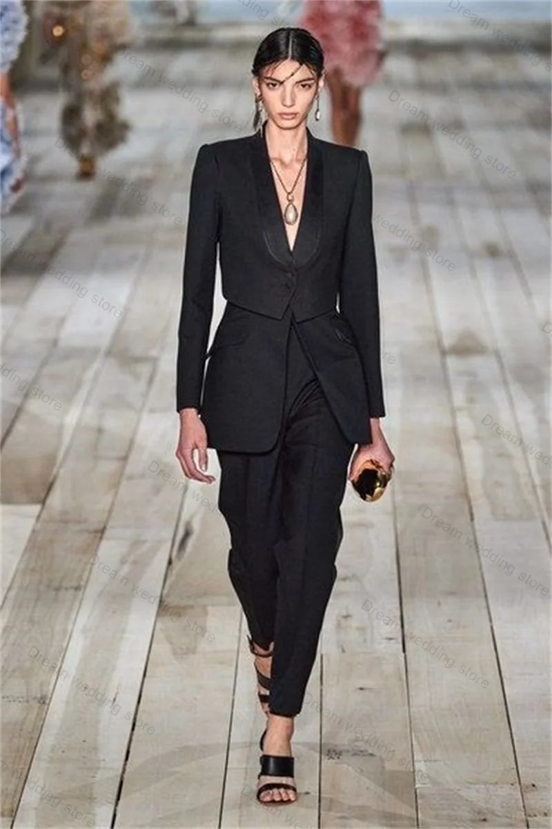 Black Cotton Women Suit Set 2 Piece Blazer+Pants Trousers Formal Office Lady Jacket Wedding Tuxedo Customized Prom Coat