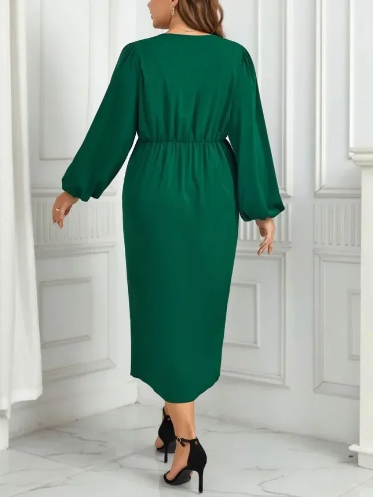 Plus Size Solid V Neck Women Dresses Puff Long Sleeves Ruched Robe Autumn Fall Sprimg Dress Elastic Waist Odzież Damska