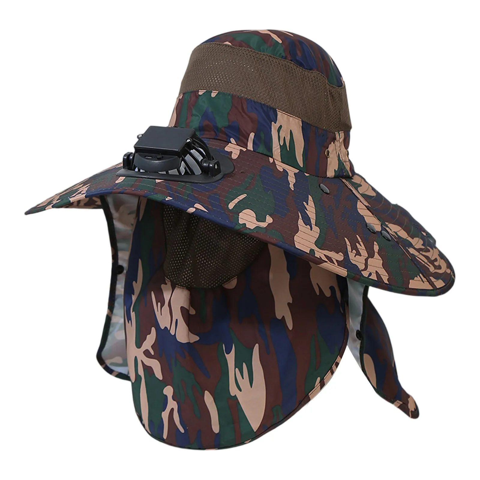 Camouflage Quick Dry Fishing Sun Hat For Men With Built In Mute Solar Cooling Fan Full Neck Cover Anti UV Cap for Fishing Garden