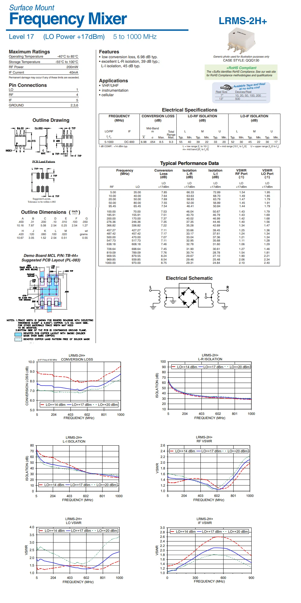 1pcs LRMS-2H+ LRMS-2H RF Radio Frequency Mixer 5 to 1000 MHz LO Power 17dBm SMT Double Balanced Surface Mount