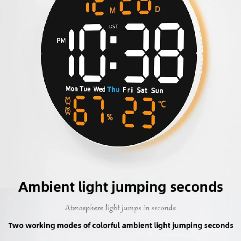 Remote Control 10-inch Circular Wall Clock with Ambient Light Led Digital Alarm Clock with Temperature humidity Meter Timer Date