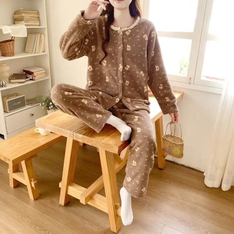 Damski komplet piżamy z polaru koralowego, zimowy strój domowy, do noszenia na zewnątrz, miękka odzież do spania, gruby, ciepły, piżama nocna, zestaw piżam dla studentek.