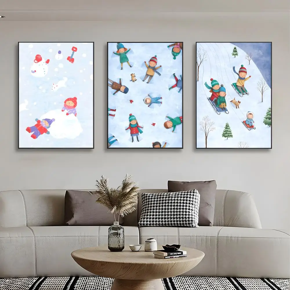 C-Children Playing In The Snow Poster Frameless Wall Art Print, Peel-and-Stick Removable
