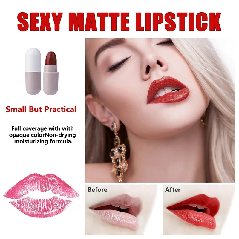 12color/Set Cute Mini Capsule Lipstick Long Lasting Waterproof Non-stick Cup Lipstick Matte Velvet Pill Lipstick Set Makeup Tool