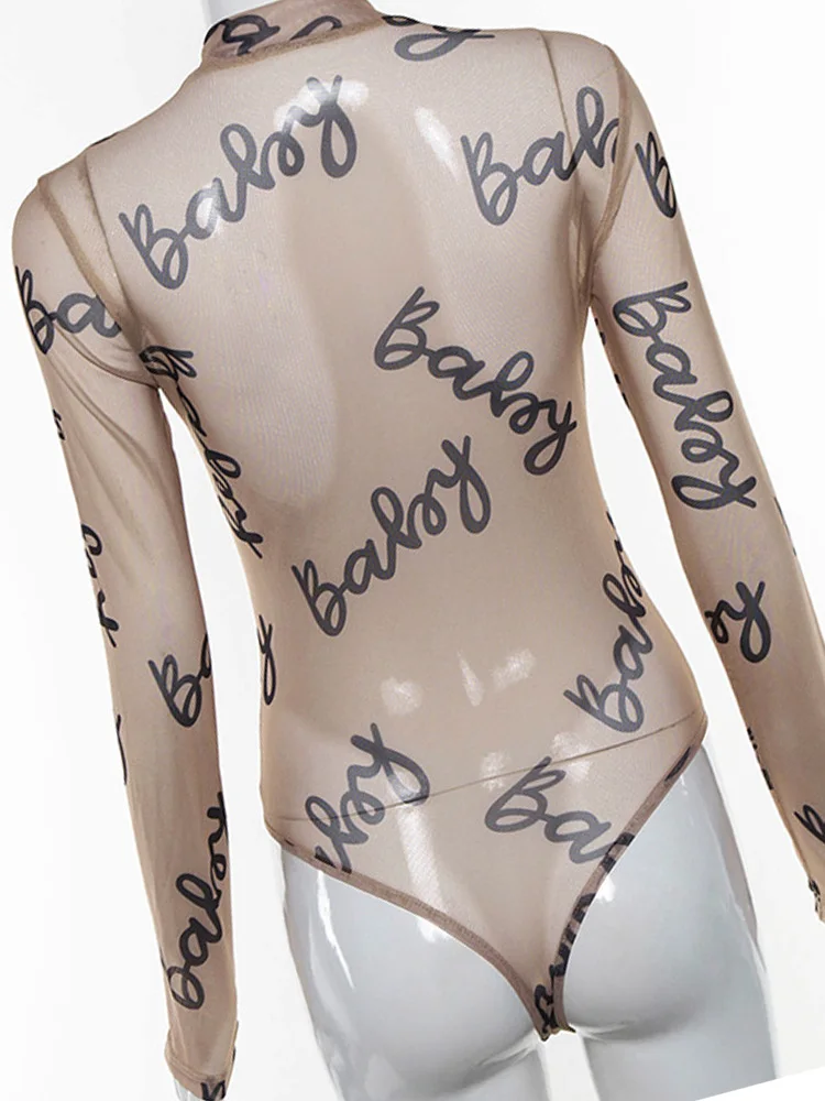 2023 Summer Sexy Letter Print Transparent Mesh Bodysuits Long Sleeve See Through Baby Bodycon Rompers Women Jumpsuits