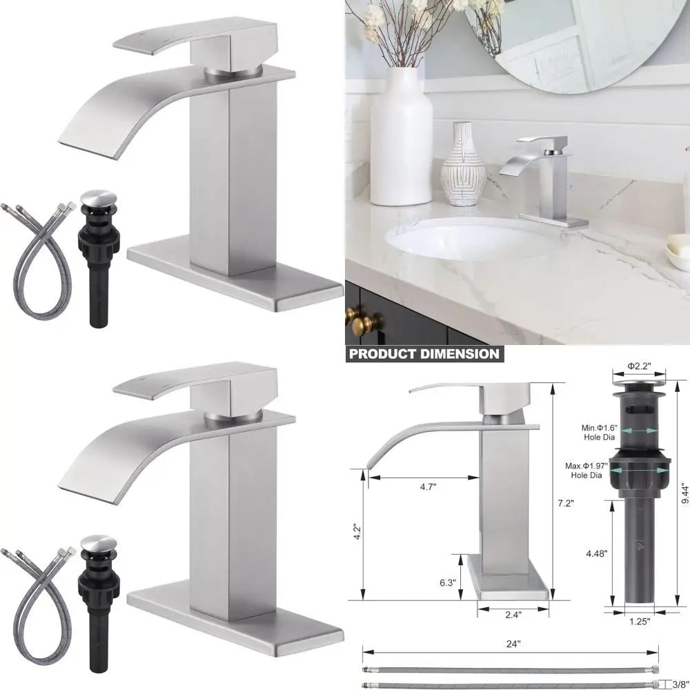 

Single Hole Brushed Nickel Bathroom Sink Faucet with Mixer Tap, Supply Lines, and Pop-Up Drain