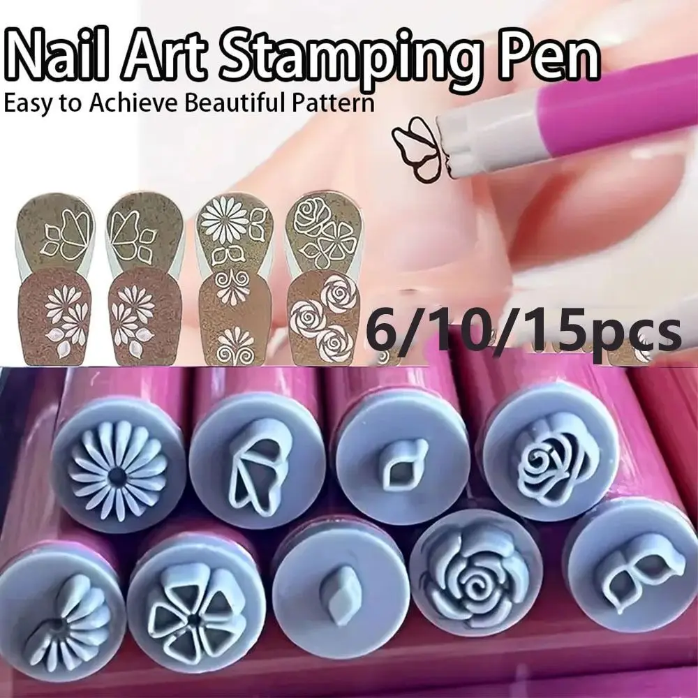 6/10/15pcs Floral Butterfly Pattern Nail Art Stamp Pen Set Flower Painting Drawing Stamping Plate Nail Brush Stamp Pen DIY