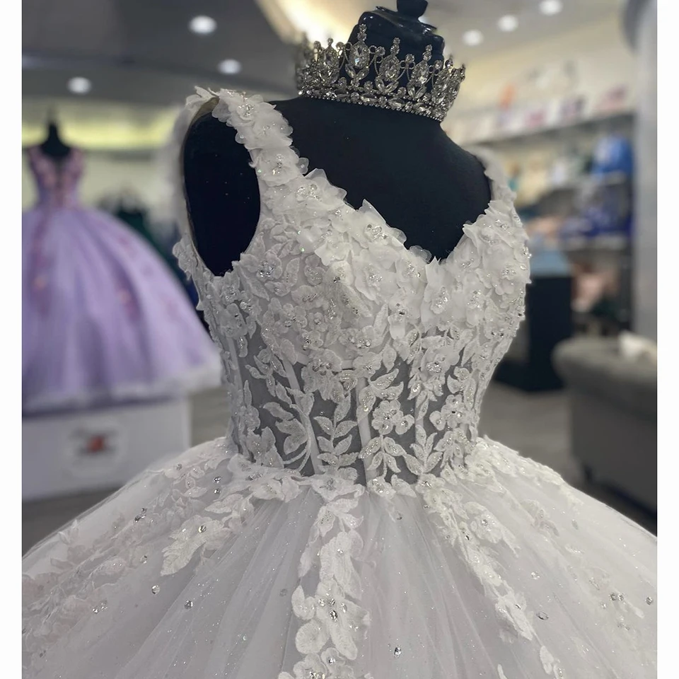 Robe de mariée de luxe à col en V avec appliques de paillettes, robe de Rh, longueur au sol, train de balayage, fibtulle, robe de Quinceanera à lacets, 2023