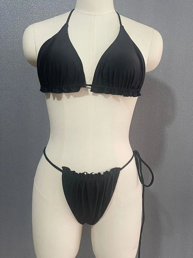 Bikini pieghettato Ruffle costumi da bagno donna fasciatura costumi da bagno Sexy costume da bagno Micro perizoma Biquini Mujer tinta unita Beachwear estate