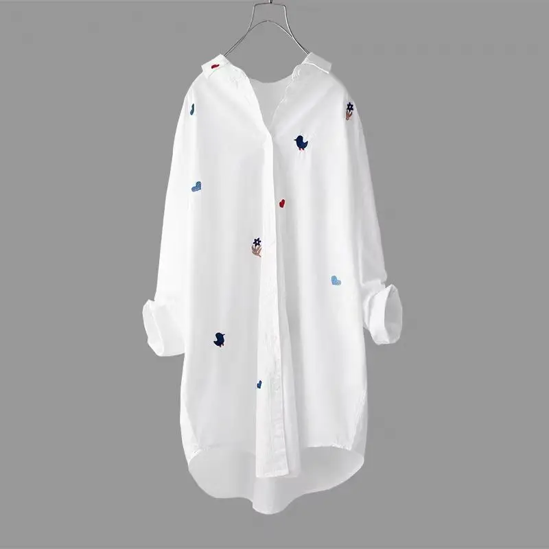 Spring Autumn New Turn-down Collar Long Sleeve Shirt Women High Street Embroidered Button Cardigan Pure Cotton Mid-length Tops