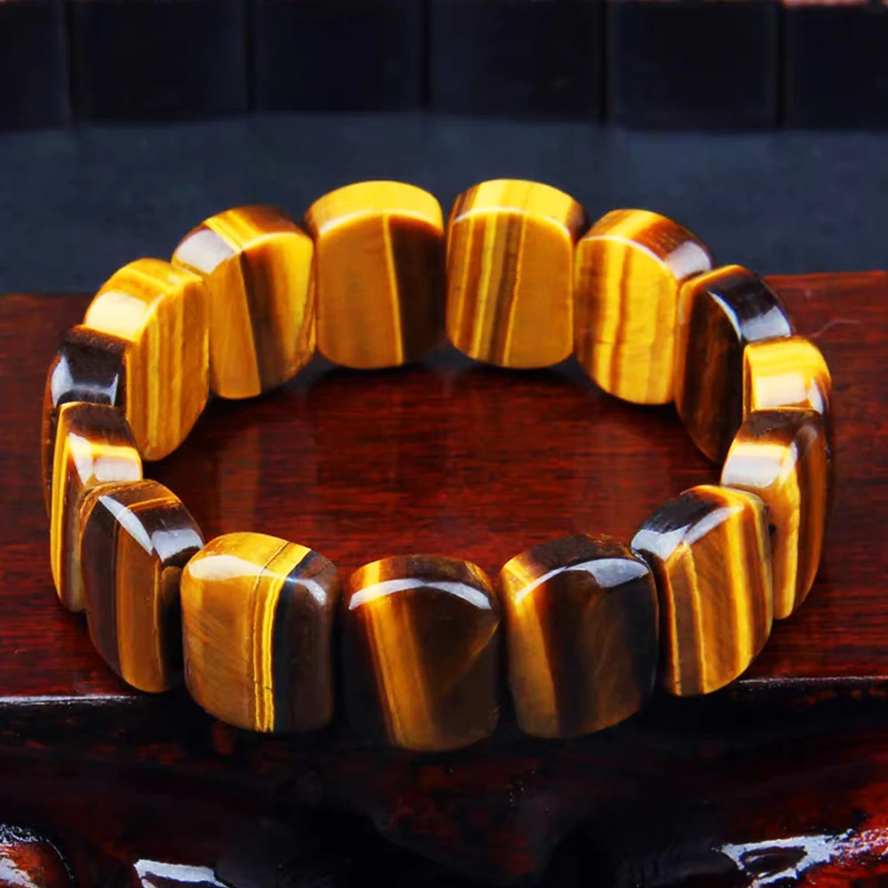 Natural Tiger Eye Stone Square Bracelets Handmade Reiki Healing Meditation Bangles Elastic Rope Stone FengShui Couple Jewelry