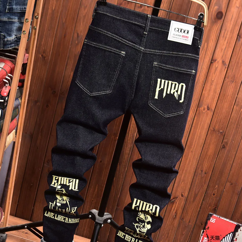 Calça de tornozelo justa masculina apertada, jeans bordados, estampada, marca de moda jovem, primavera e outono