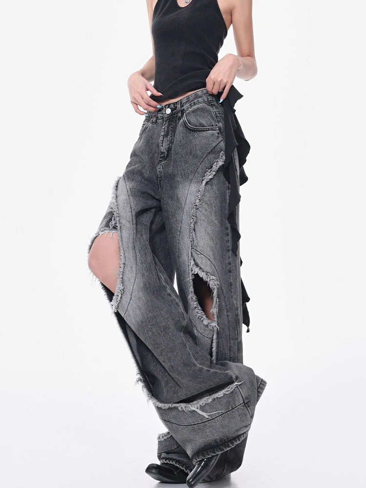 Women's Black Grey Gothic Baggy Y2k Emo Ripped Jeans Vintage Harajuku Boyfriend Jean Pants 2000s Oversize Denim Trousers Autumn