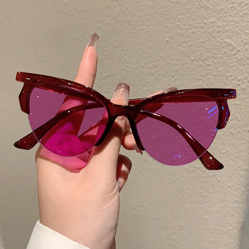 Sexy Vintage Y2K Cat Eye Half Frame Sunglasses Women For Men Sun Glasses Punk Luxury Brand Designer Popular Pink Cool Shades