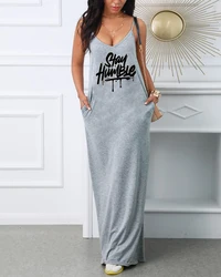 Women's summer Stay HumBle print oversized casual V-neck pocket strap  Long T Shirt Loose V Neck Sexy Mini Dress sexy long dress