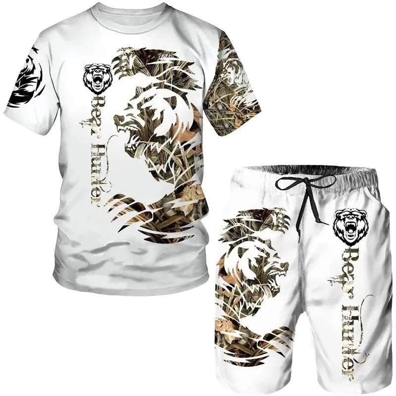 New men\'s sportswear set with summer animal pattern T-shirt set 3D printed animal short sleeve two-piece set O-neck T-shirt set