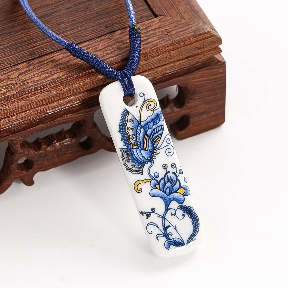 Chinese Blue and White Butterfly Love Flower Ceramic Pendant Necklace for Women Elegant  Lucky Charms Handmade Ethnic Jewelry