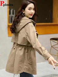 Hooded Drawstring Trench Coats Oversized 80kg Mid-length Gabardina Fashion Women's Cargo Jackets Casual Zipper Khaki Windbreaker