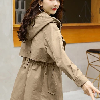 Hooded Drawstring trench coats size 80kg medium length Gabardina fashion women cargo jackets casual zipper khaki windbreaker