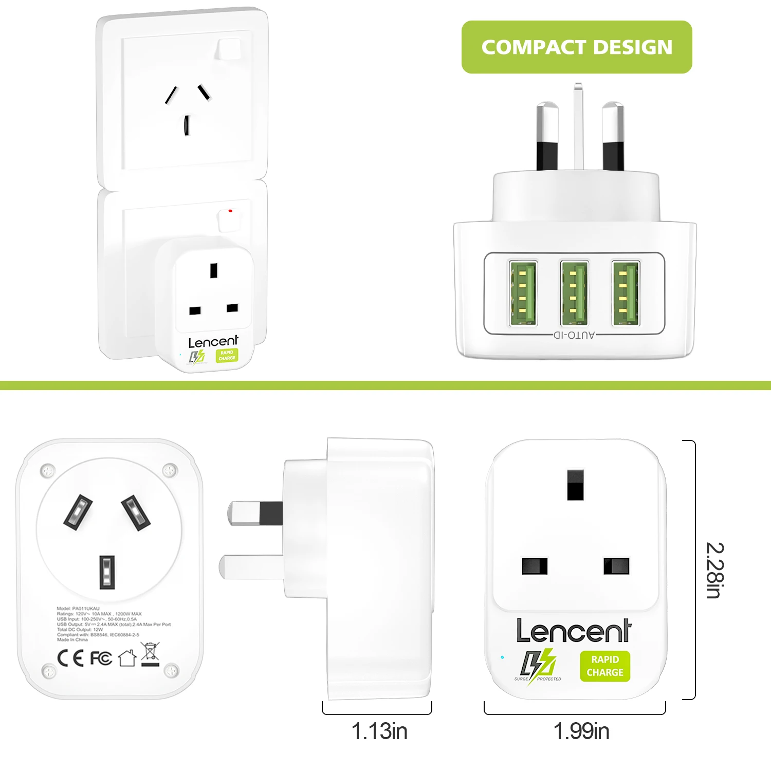 LENCENT wielkiej brytanii do australii przejściówka Adapter z 3 porty USB 5V/2.4A uziemione australijski Adapter podróżny dla australii 4-in-1 gniazdo
