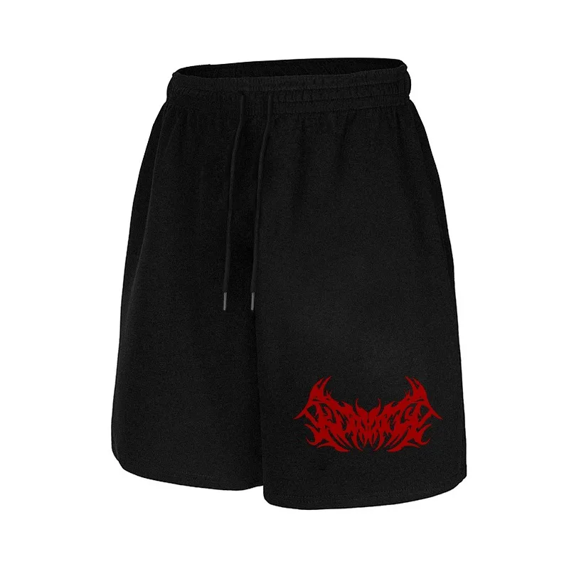 Image of Schwarze Freizeitshorts für Herren mit Flammenflügel-Print, Taschen und Kordelzug – dehnbare Sommer-Outdoor-Fitness- und Sportshorts