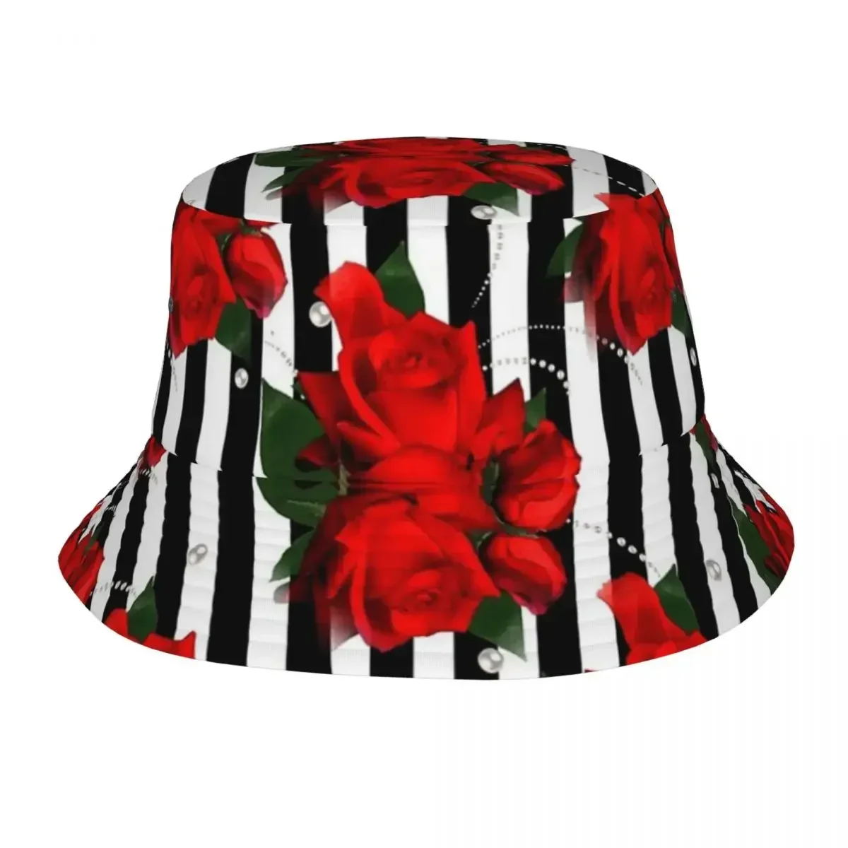 Red Roses On Black And White Stripe Bucket Hats Panama For Man Woman Bob Hats Hip Hop Fisherman Hats For Summer Fishing Caps