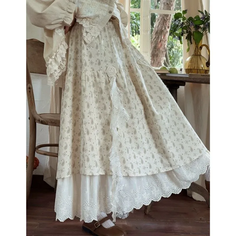 Vintage Mori Girl Style Lace Ruffle Floral Print Long Skirt Aesthetic Loose Spring Autumn A-Line High Waist Maxi Skirt for Women