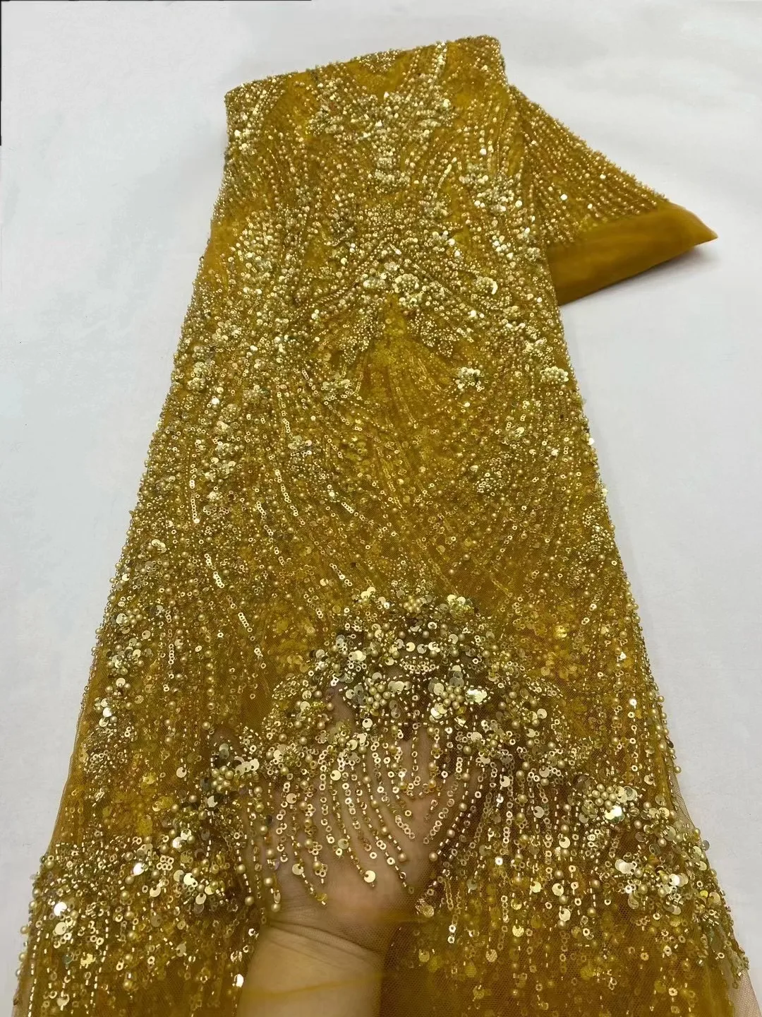 African Lace Beaded Mesh Sequins Luxury Gold  Fabric Embroidery Party Dresses For Women Tulle Fabrics Sewing 5Yards Meters