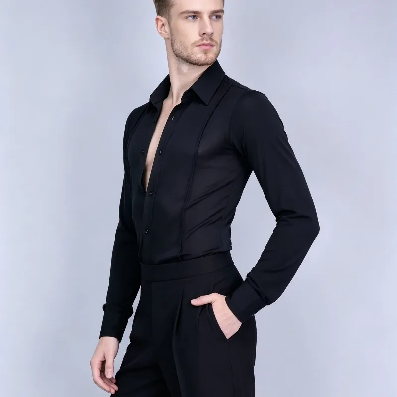 Customized National Standard Social Latom Modern Dancewear Standard Sharp Collar Flat Swing Long Sleeve Practice Clothes Top