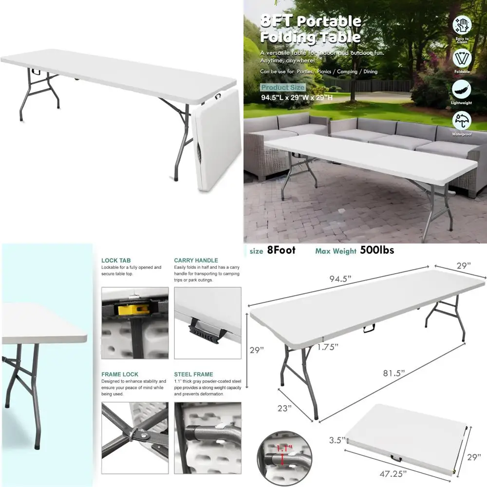 

Портативный складной пластиковый стол на 8 футов с прочной столешницей и ручкой для переноски для использования в помещении и на открытом воздухе, идеально подходит для вечеринок на заднем дворе.
