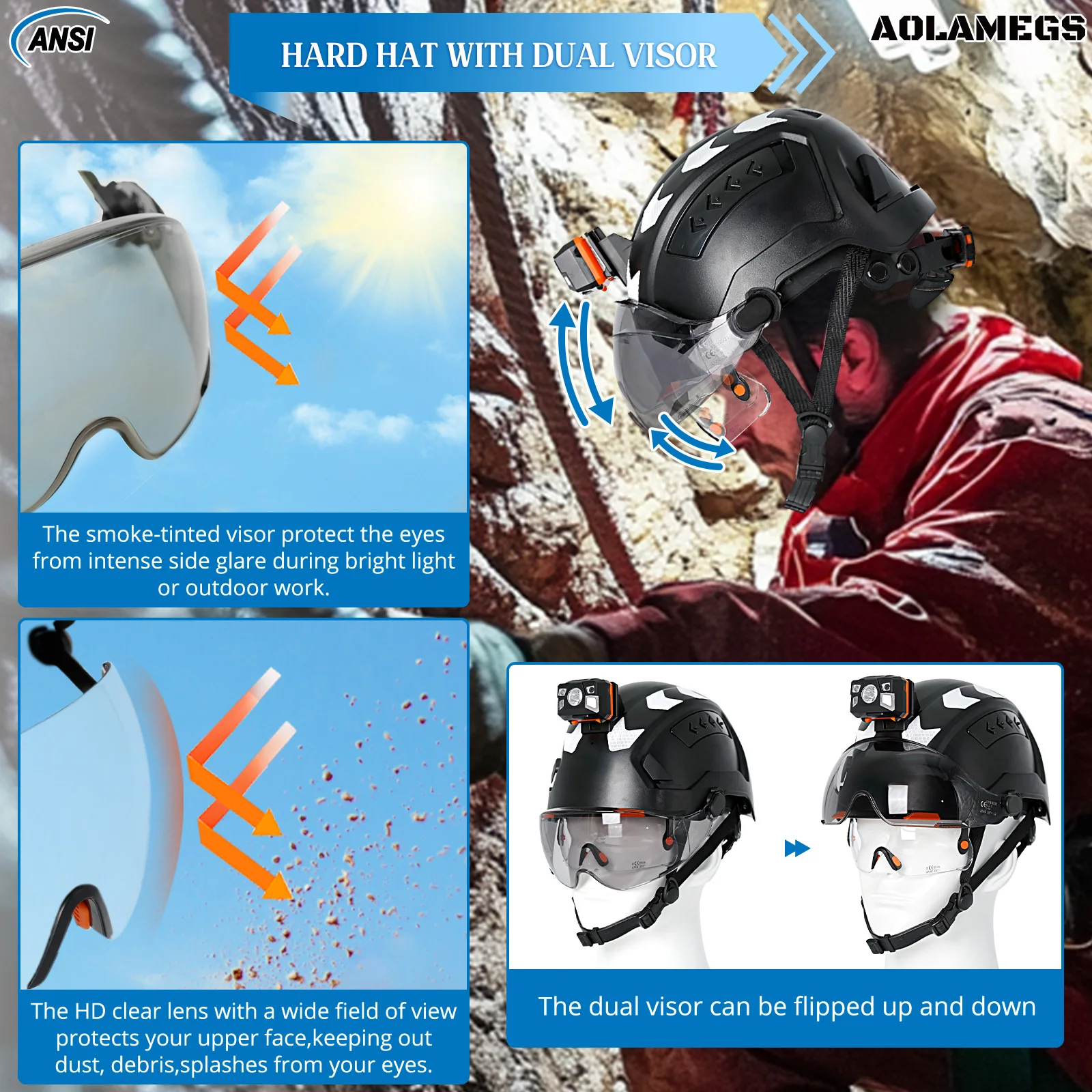 CE Construction Safety Helmet with Head Lamp Double Goggles Reflective Stickers ANSI Hard Hat Industrial Work Head Protection